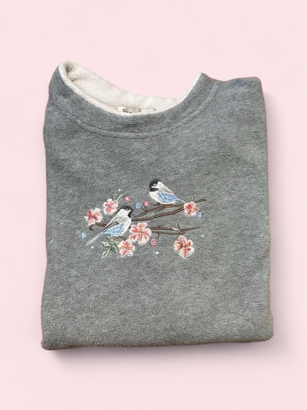 Vintage Heather Gray Crewneck Sweatshirt with Bird and Cherry Blossom Embroidery
